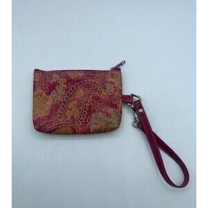 Pink Paisley Print Double Zip Leather Wristlet